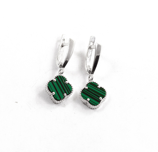 Срібні Сережки Van Cleef з Малахітом із срібла 925 проби